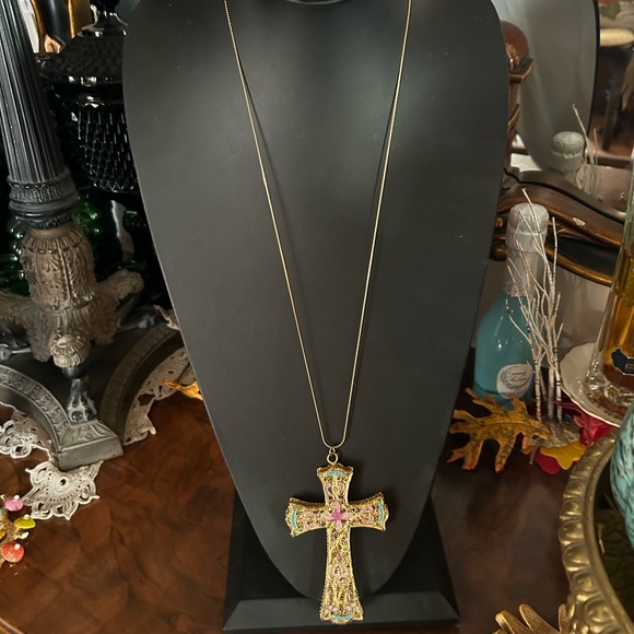 Vintage Gold Filigree Cloisonné Cross Pendant Necklace - Picture 6 of 9